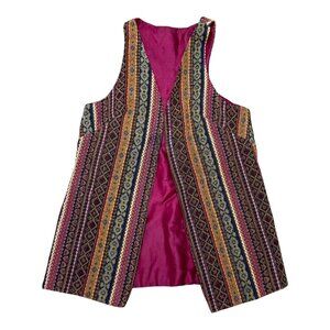 Vintage Woven Tapestry Striped  Multicolor Sleeveless Vest Ethnic Open Front